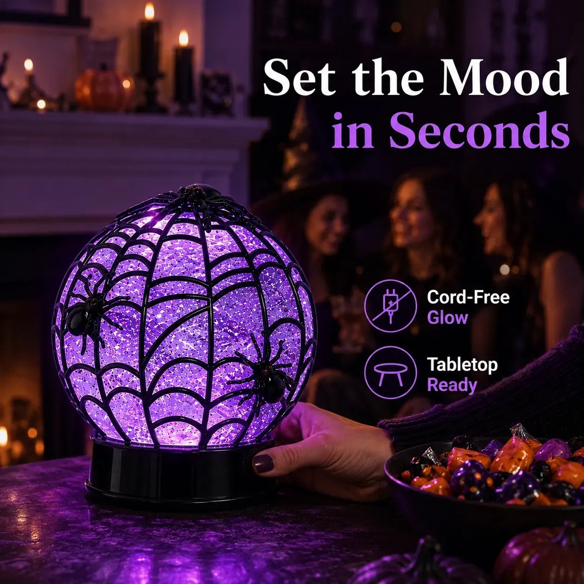 Swirling Glitter Ghost & Spider Globe Light