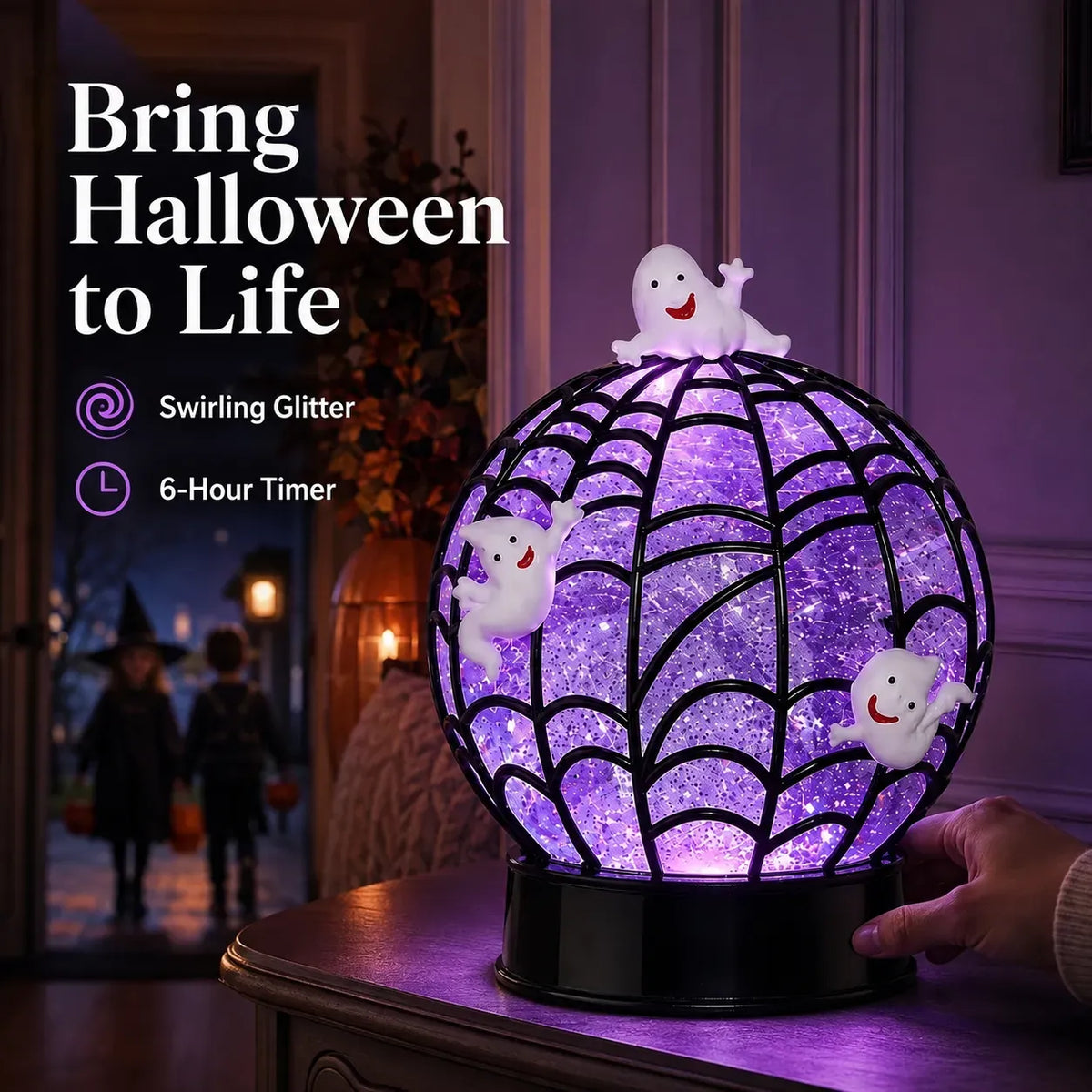 Swirling Glitter Ghost & Spider Globe Light
